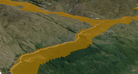 Road with a 50 meter downslope buffer around it Road with a 50 meter downslope buffer around it
