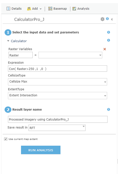 Raster function parameters dialog box Raster function parameters dialog box